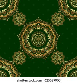 Abstract vector dynamic rippled surface, illusion of movement, curvature on a green background. Golden seamless pattern for prints or digital.