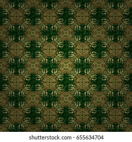 Abstract vector dynamic rippled surface, illusion of movement, curvature on a green background. Golden seamless pattern for prints or digital.