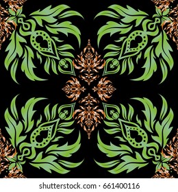 Abstract vector dynamic rippled surface, illusion of movement, curvature on a black background. Orange and green seamless pattern for prints or digital.