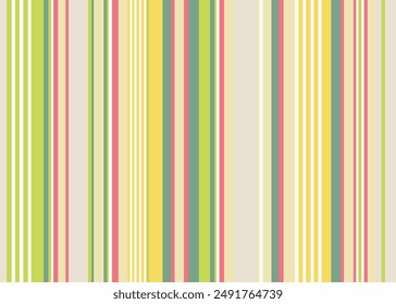 Abstract vector Easter striped pattern with coloured vertical parallel stripes. Vertical stripes seamless pattern in bright summer on dark green, yellow, red, green stripes on white background.