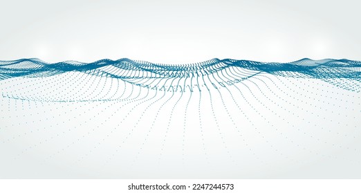 Abstract vector elegant technology background. Flowing particle waves on light background. Blue dot 3D water or landscape