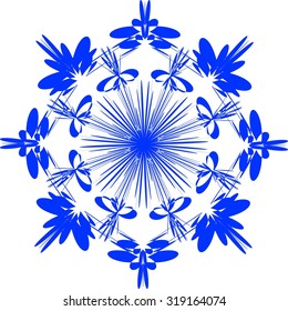 Abstract vector element, blue snowflake on white background.