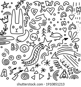 Abstract vector elements in a simple doodle style. Arrows, letters, shapes, animals and natural elements. Cute characters for your design 