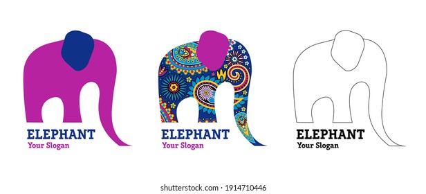 Abstract vector elephant with indian patterns. Template for creating a logo, emblems. monograms. In three color solutions.