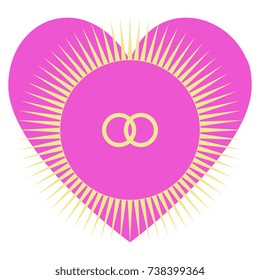 Abstract vector emblem with wedding rings inside sun rays and big heart. 