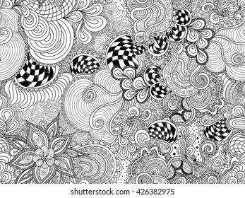 Abstract vector endless seamless pattern with flowers with figured petals, curling ornamental lines and doodles. Endless decorative texture. You can use any color of background