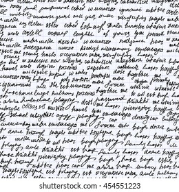 Abstract vector endless seamless texture with handwritten text, words and letters, handwritten on a grid paper