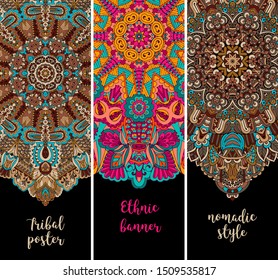 Abstract vector ethnic bohemian nomadic style cards set. Intricate doodle decoration.