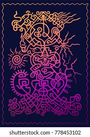 Abstract, vector, ethnic drawing on a dark background with lilac and orange gradient