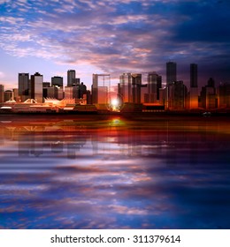 abstract vector evening background with panorama of city