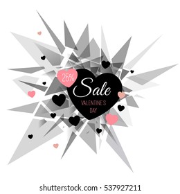 Abstract vector explosion background. Hearts, Valentines day, sale. Pink, black.