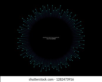 Abstract vector explosion circle frame with dots line equalizer pattern in blue green color isolated on black background with space for text in concept of music, technology, science, digital, AI