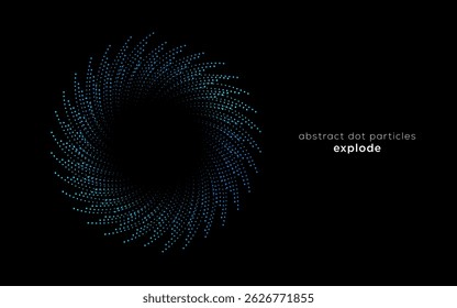 Abstract vector explosion circle frame with dot line equalizer pattern in green blue colors isolated on black background. Suitable for poster, banner, cover, website, flyer, technology, AI.	