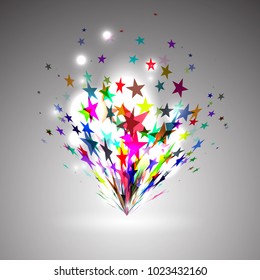 Abstract vector explosion. Colorful glowing blast.Multicolored luminous stars.Glow light effect. Star burst with tinsel. Flash. Vector illustration. 