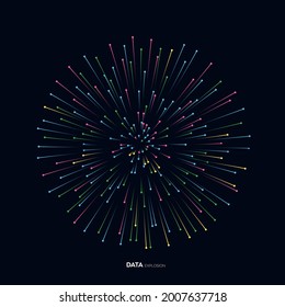 Abstract Vector Explosion Colorful Lines Equalizer Isolated Circular Element Background. Big Data Algorithms Visualization. Vector Illustration In Concept Of Science, Technology, Social Network.