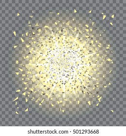 Abstract vector explosion concept. Golden yellow star burst isolated on transparent background. Broken glass, shuttered glass, explosion. Shiny star dust concept. Sun burst vector.