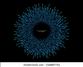 Abstract vector explosion lines equalizer pattern circle shape in blue green color isolated on black background in concept of music, technology, science, digital, AI