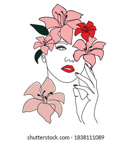 Abstract vector face with flowers line drawing. Portrait minimalistic style. Botanical print. Nature symbol of cosmetics. Modern continuous line art. Fashion print. 