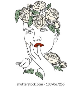 Abstract vector face with flowers line drawing. Portrait minimalistic style. Botanical print. Nature symbol of cosmetics. Modern continuous line art. Fashion print.