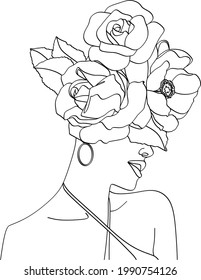 Abstract vector face with flowers line drawing. Portrait minimalistic style. Botanical print. Nature symbol of cosmetics. Modern continuous line art. Fashion print.