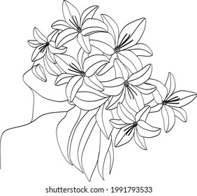 Abstract vector face with flowers line drawing. Portrait minimalistic style. Botanical print. Nature symbol of cosmetics. Modern continuous line art. Fashion print.