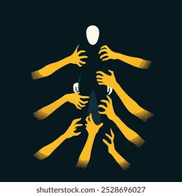 Abstract vector of a faceless figure surrounded by reaching hands, symbolizing pressure, anxiety, stress, isolation, and mental health struggles in modern society. Minimalist style illustration.