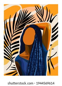 Abstract Vector Fashion Afro Girl Art Poster Print African American Woman Painting Floral Tropical Exotic Drawing Illustration.Beautiful Black Lady.Hair braids hairstyle.Palm leaves.Blue Orange Colors