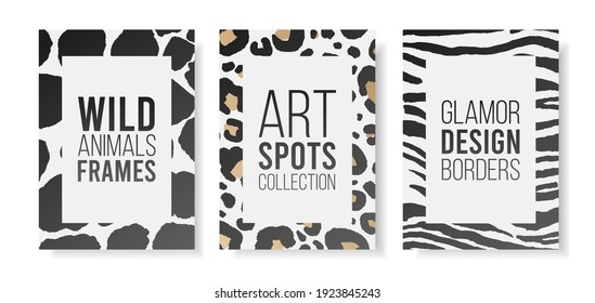 Abstract vector fashion elegant modern art wild skin animals leopard, zebra,cow pattern background with stylish frame for text logo.Design template banner,flyer,cover social media,poster,fabric print