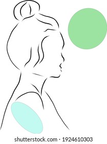 Abstract vector fashion illustration of a female profile in a linear style with color spots. For tattoos, posters, icons, stories, logos, salons