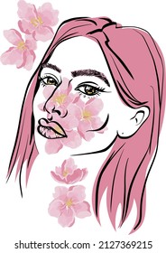 Abstract vector fashion illustration with pink flowers. Beautiful woman. Spring face.