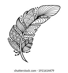 Abstract vector feather with patterns in the style of zen art, coloring page for kids and adults