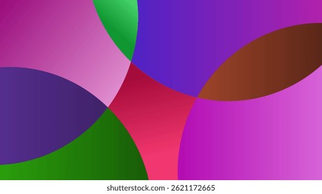 An abstract vector featuring overlapping curved shapes in vibrant shades of purple, pink, green, red, and brown. The dynamic composition adds depth and movement