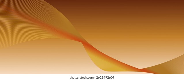 An abstract vector featuring smooth, flowing curves in warm shades of orange and yellow against a gradient background transitioning from dark brown to light beige