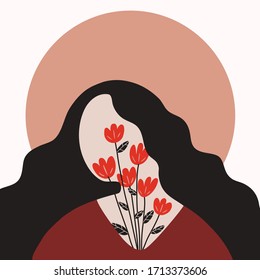 Abstract vector female portrait with red flowers. Brunette girl illustration