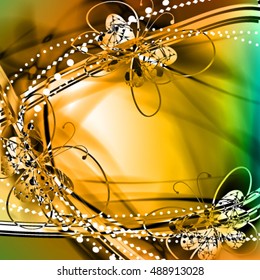 Abstract vector festive background with three glass butterflies. Hot vector frame with glowing filament.
