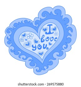 Abstract vector figured heart with words of love on it. You can use it as a decorative card or background
