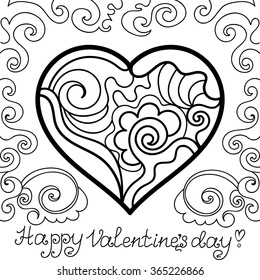 Abstract vector figured Valentines lacy heart with doodle ornament and words "Happy Valentine's day!"