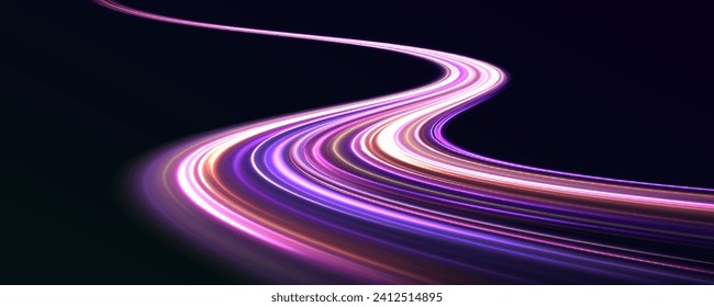 Abstract vector fire circles, sparkling swirls and energy light spiral frames. Acceleration speed motion on night road. Vector swirl trail effect.	