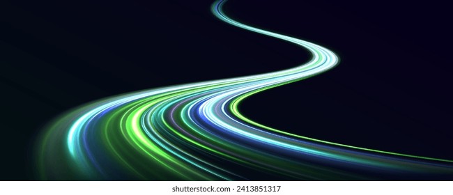 Abstract vector fire circles, sparkling swirls and energy light spiral frames. Acceleration speed motion on night road. Vector swirl trail effect.	