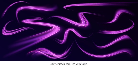 Abstract vector fire circles, sparkling swirls and energy light spiral frames. Light trail wave, fire path trace line, car lights, optic fiber and incandescence curve twirl	
