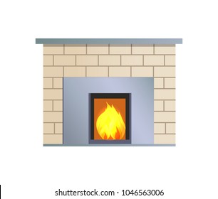 Abstract vector fireplace, colorful illustration with bright flame in square hearth, metal elements, beige bricks, home interior, white background