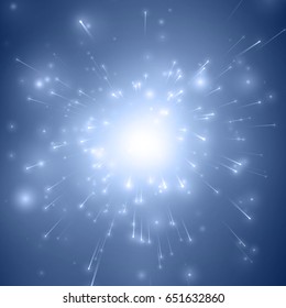 Abstract vector fireworks explosion blue background with shining sparks. New Year celebration fireworks. Burst of glowing particles with fireball in the center. Birth or death of the star. 
