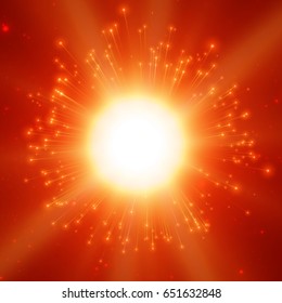 Abstract vector fireworks explosion red background with shining sparks. New Year celebration fireworks. Burst of glowing particles with fireball in the center. Birth or death of the star. 