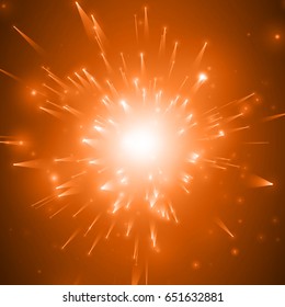 Abstract vector fireworks explosion red background with shining sparks. New Year celebration fireworks. Burst of glowing particles with fireball in the center. Birth or death of the star. 