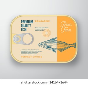 Abstract Vector Fish Aluminium Container with Label Cover. Retro Premium Canned Packaging Design. Modern Typography and Hand Drawn Pangasius or Basa Silhouette Background Layout. Isolated.