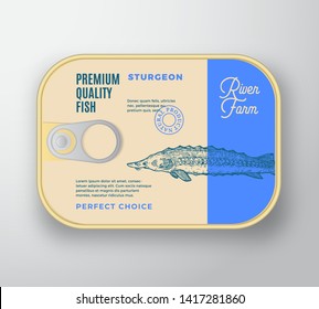 Contenedor de aluminio de pescado abstracto con tapa de etiqueta. Diseño de empaquetado retro Premium. Diseño de fondo de tipografía moderna y esturión dibujado a mano o silueta de Beluga. Aislado.