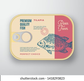 Abstract Vector Fish Aluminium Container with Label Cover. Retro Premium Canned Packaging Design. Modern Typography and Hand Drawn Tilapia Silhouette Background Layout. Isolated.