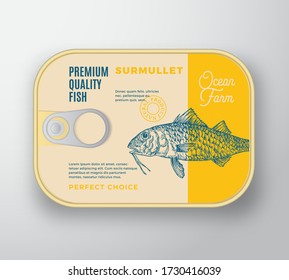 Contenedor de aluminio de vectores abstracto con cubierta de etiqueta. Diseño de empaquetado con lata Retro Premium. Tipografía moderna y diseño de fondo de silueta de surmulet de mano. Aislado.