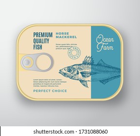 Abstract Vector Fish Aluminium Container with Label Cover. Retro Premium Canned Packaging Design. Modern Typography and Hand Drawn Horse Mackerel Silhouette Background Layout. Isolated.