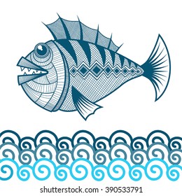 Abstract vector fish on a white background with blue waves